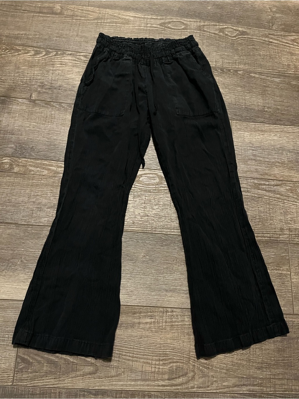 Raya Sun Ribbed Linen Flare Pants Elastic Waistband Back Pockets Lightweight
